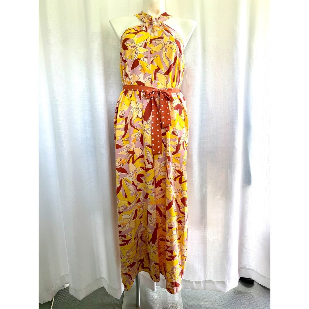 Nine West Womens Floral Halter Jumpsuit Size L Yellow Pink Wide Leg